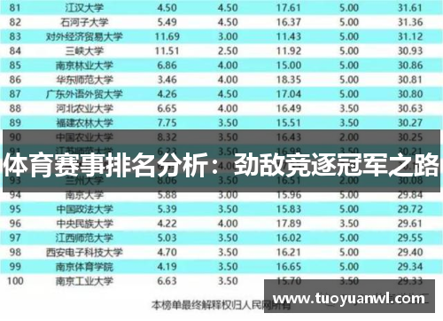 体育赛事排名分析：劲敌竞逐冠军之路